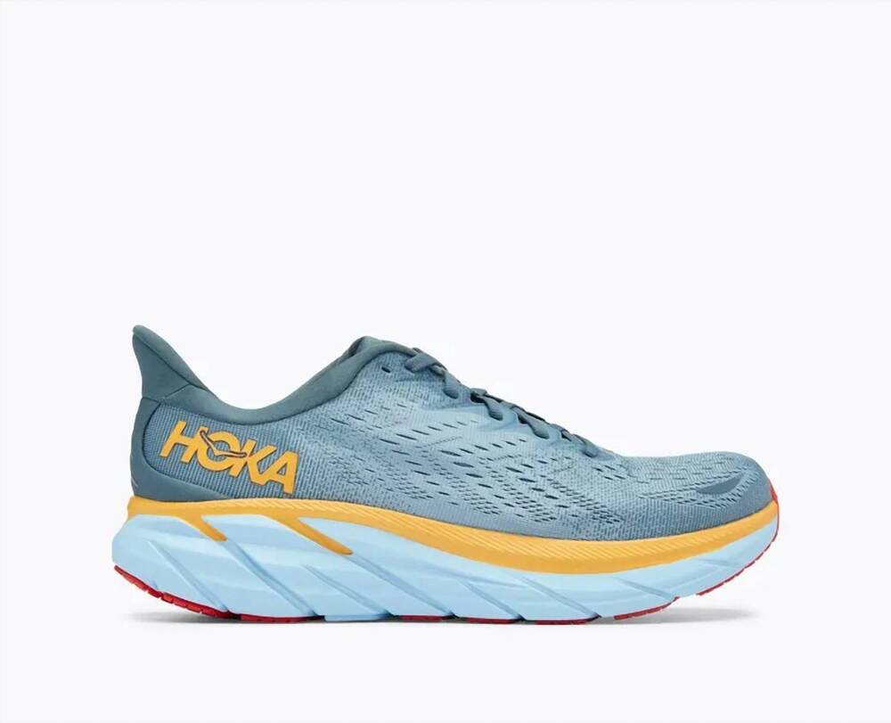 NEW HOKA men's clifton 8 running shoes in goblin blue/mountain spring